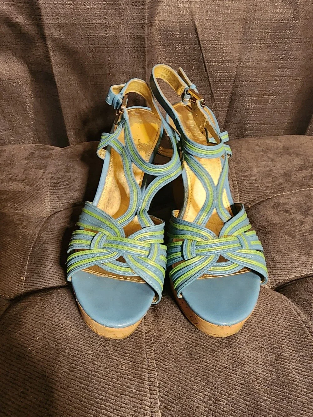 Ivanka Trump Blue Green Cork Platform Wedge Sandals Approx Size 7